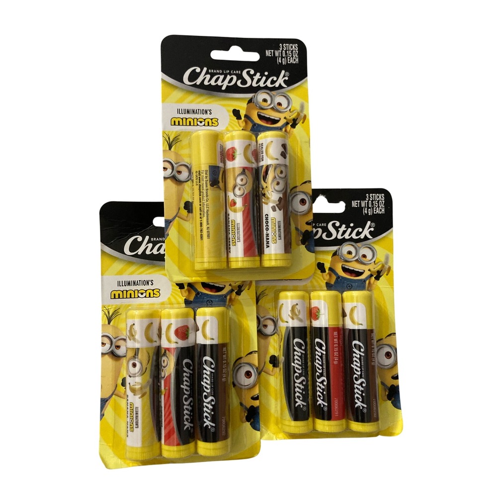 ChapStick Minions Lip Balm 3-Pack Lot of 3 Banana Berry Choco-Nana 9 Sticks